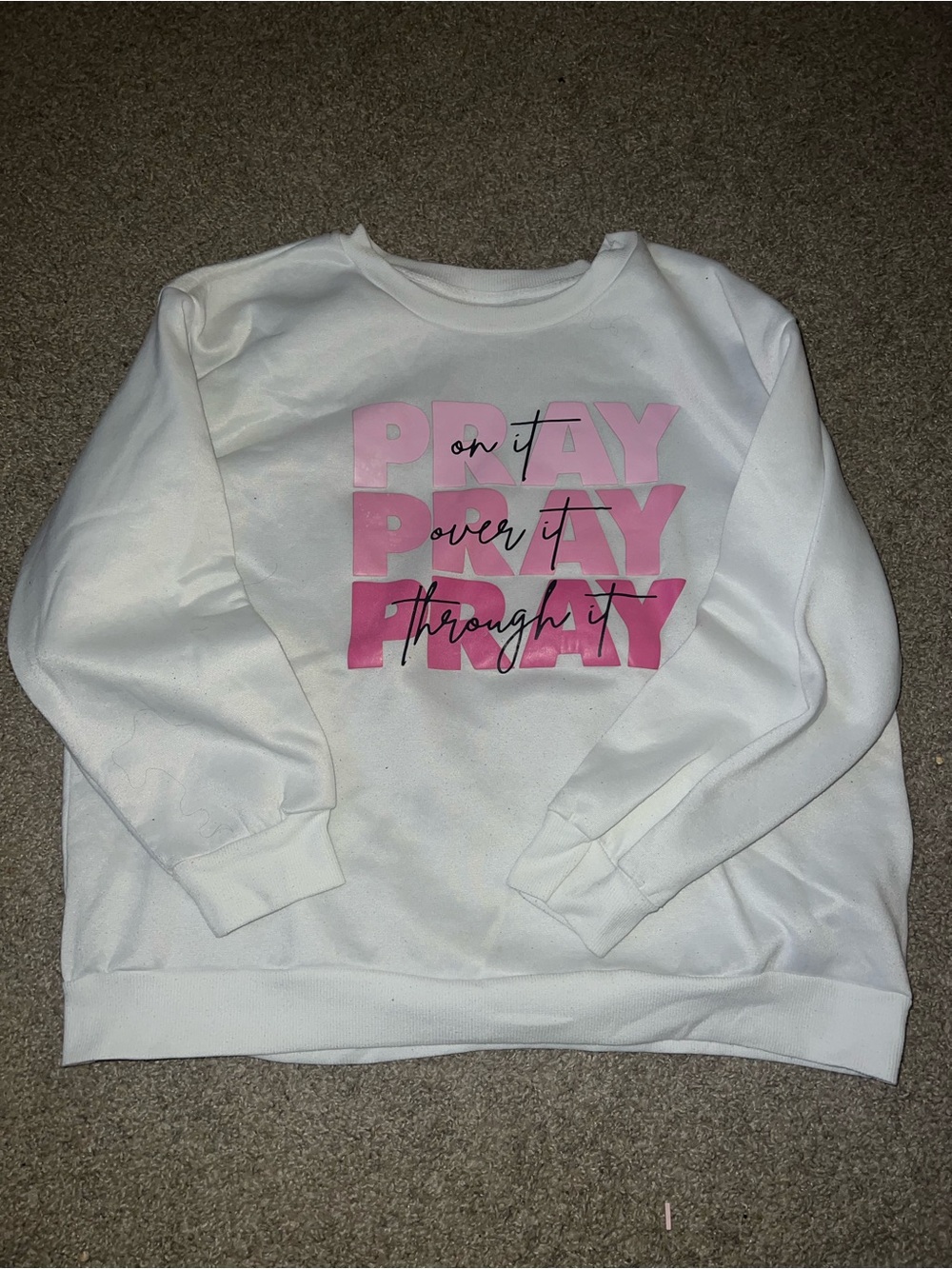 White Sweatshirt with Pink 'PRAY' Graphic - Women's Sweater